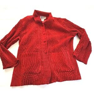 Vintage Keren Hart Red Crinkle Textured Jacket Large Button Front 90s